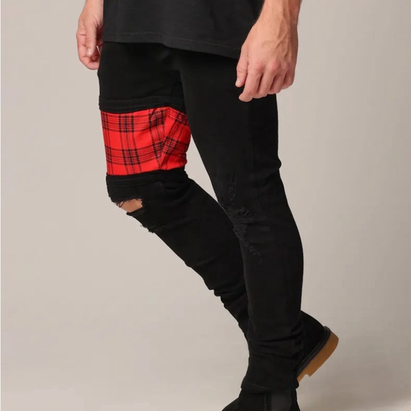 Saint Morta Sideline Distressed Skinny Jeans Men’s 34 Black/ Red Tartan - Picture 4 of 15